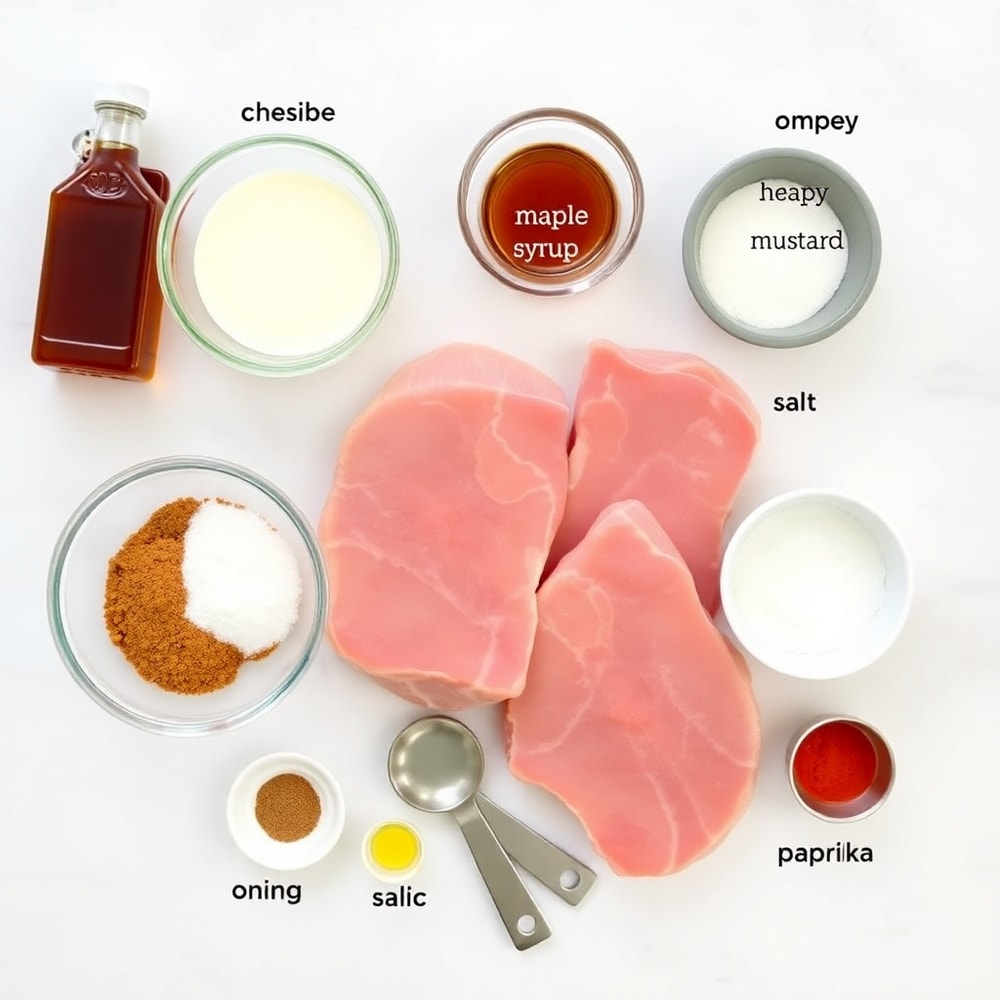 Raw ingredients for maple bacon pork chops