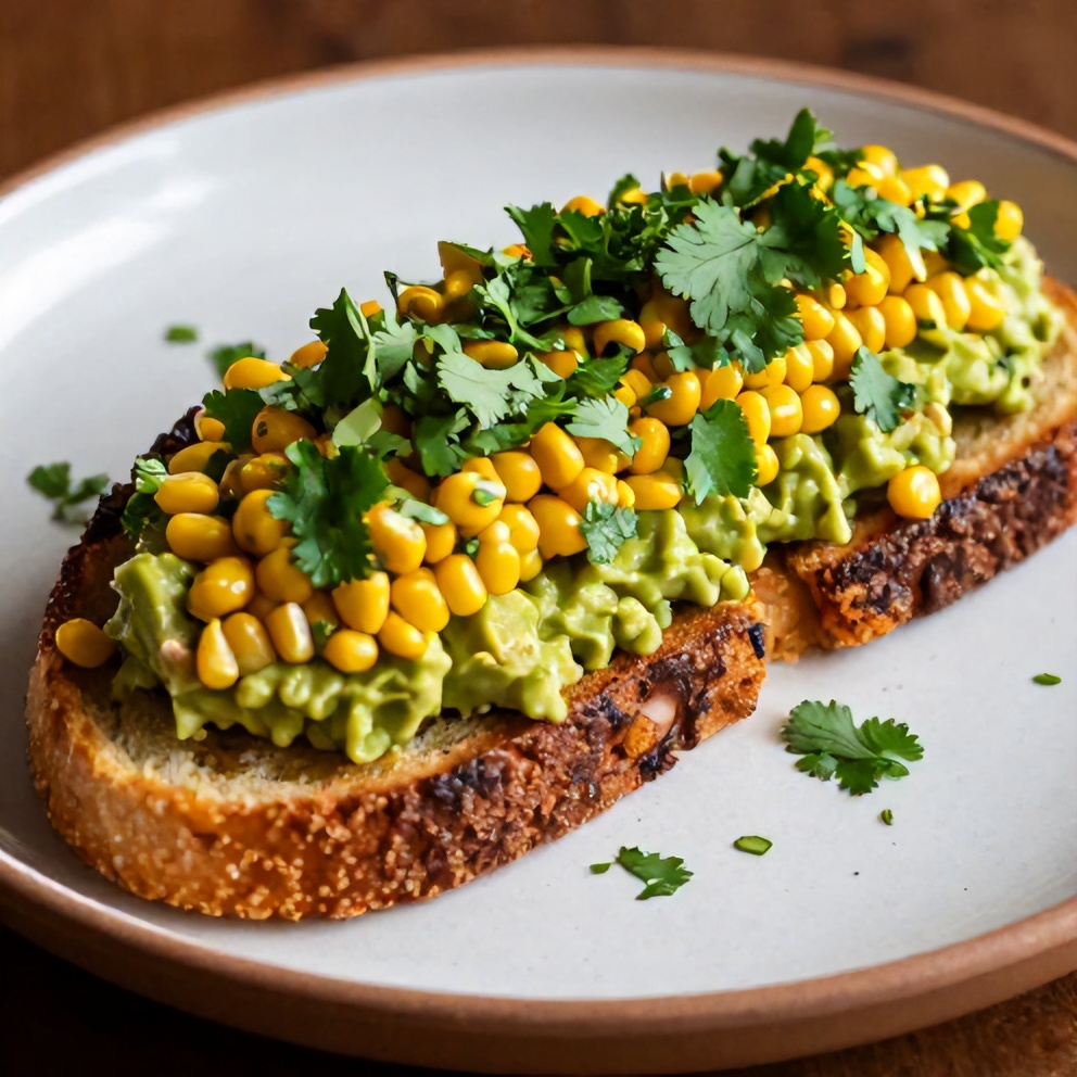 Close-up of Mexican Street Corn Avocado Toast with a lime wedge