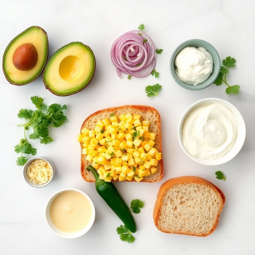 Raw ingredients for Mexican Street Corn Avocado Toast on a marble surface