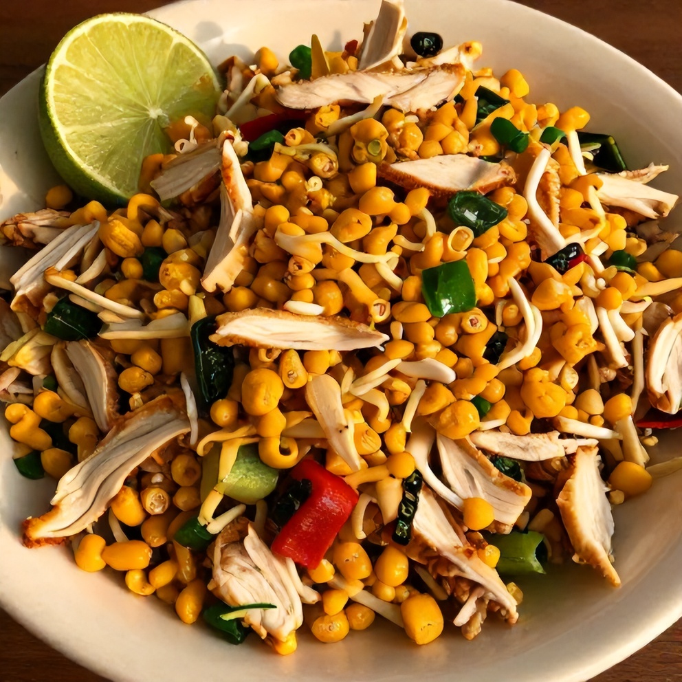 Plated Mexican Street Corn Chicken Salad with lime wedge