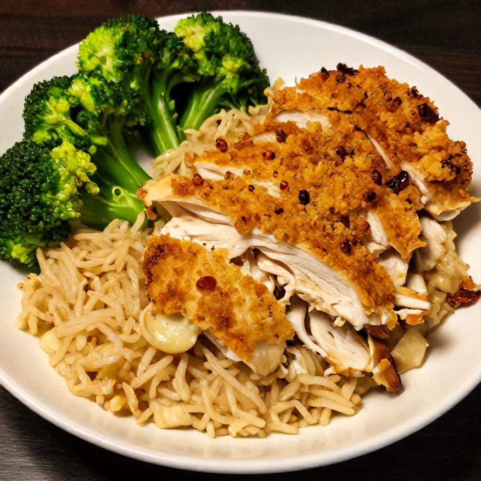 Plated serving of Million Dollar Chicken and Rice with a side of steamed broccoli