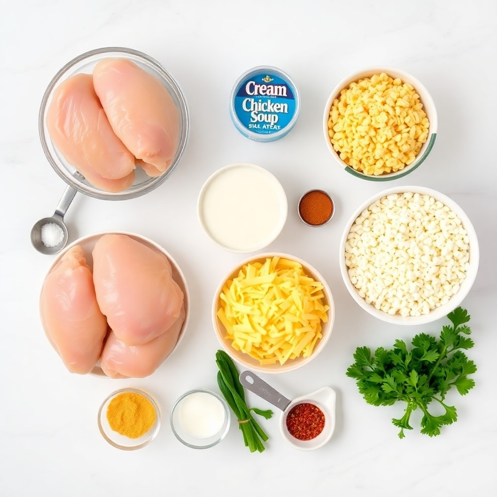 Raw ingredients for Million Dollar Chicken and Rice: chicken, rice, cream of chicken soup, milk, cheese, and more