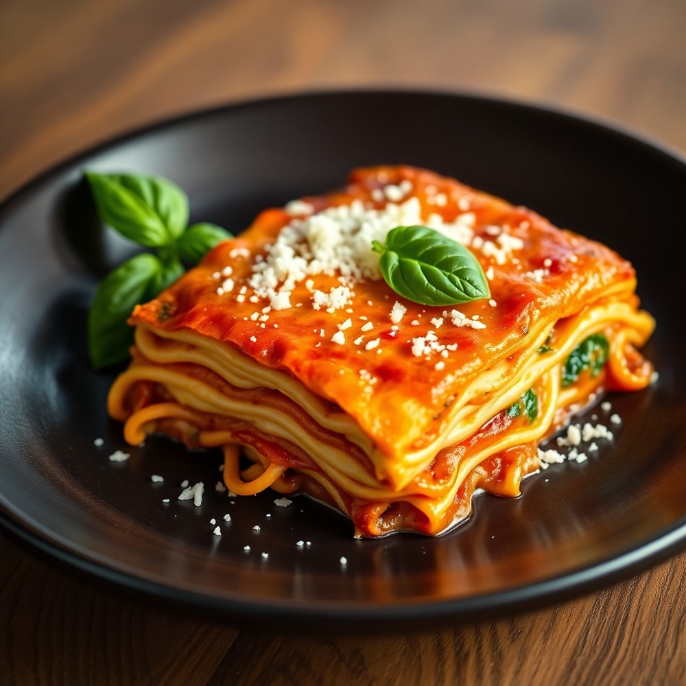 Plated serving of Million Dollar Lasagna with fresh basil and grated parmesan
