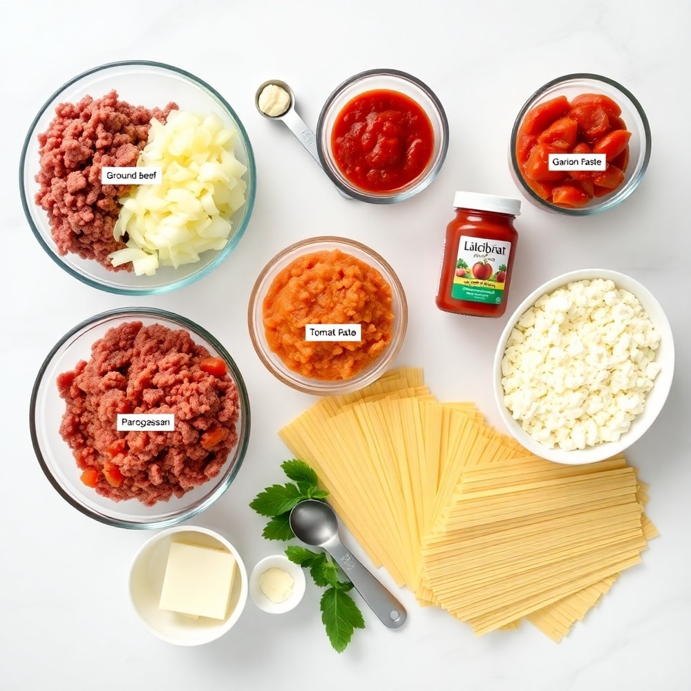 Raw ingredients for Million Dollar Lasagna including ground beef, lasagna noodles, and ricotta cheese
