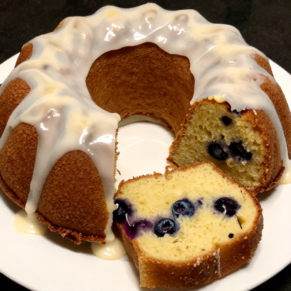Sliced moist blueberry lemon bundt cake with white glaze
