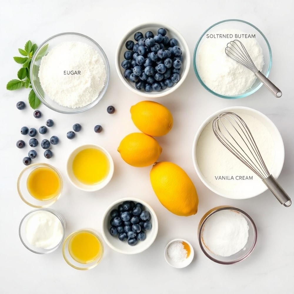 Blueberries, lemons, flour, sugar, eggs, butter, and other ingredients for blueberry lemon bundt cake
