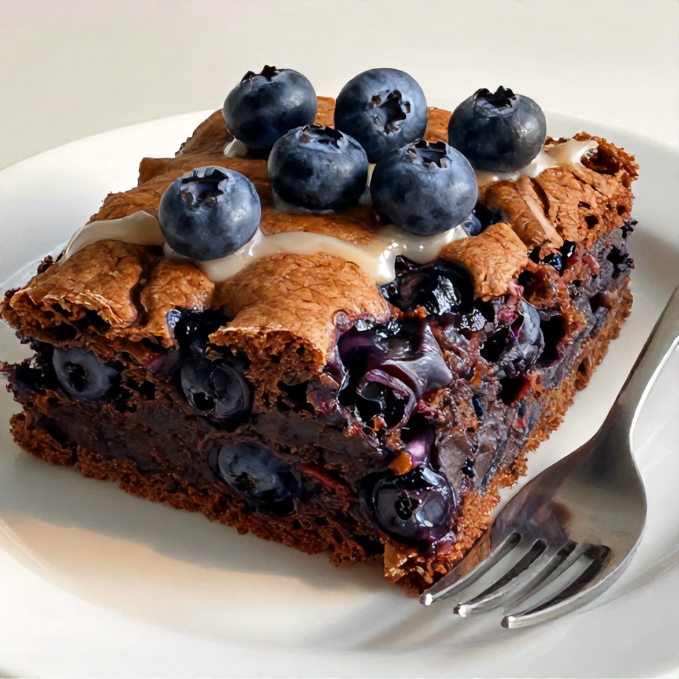 A slice of blueberry brownie on a plate with a fork