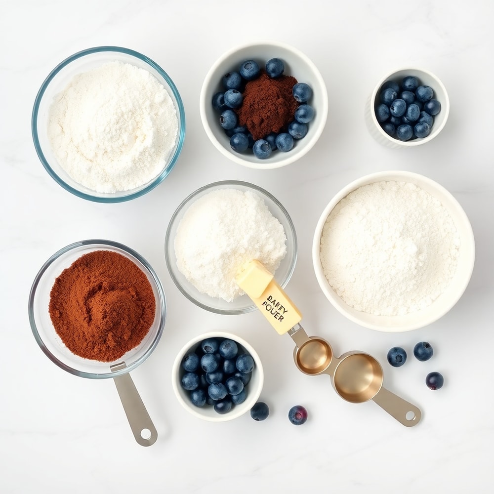 Raw ingredients for blueberry brownies on a marble surface