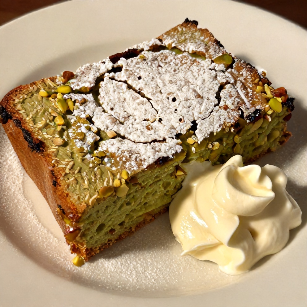 Slice of pistachio pudding bread on a white plate