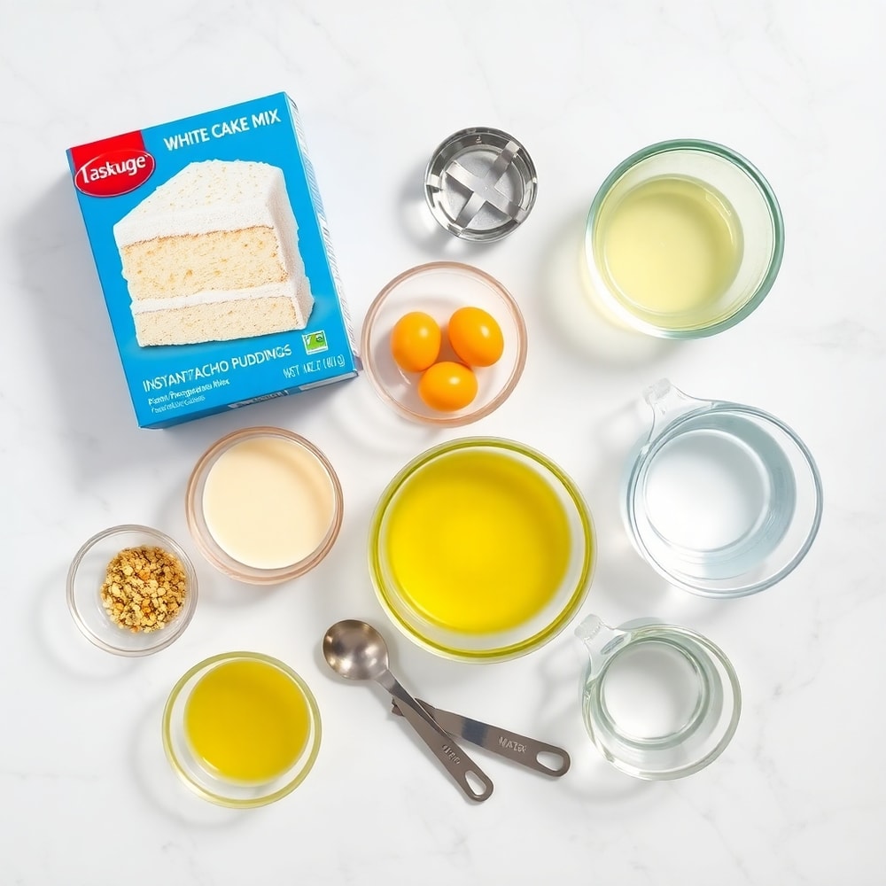Raw ingredients for pistachio pudding bread on a marble surface