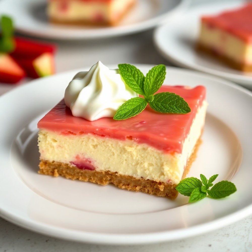 Plated serving of No Bake Rhubarb Cheesecake Squares on a white plate, garnished with mint
