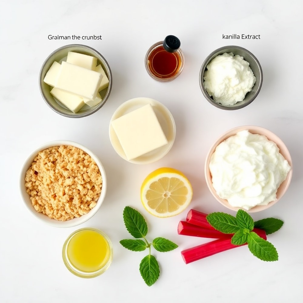 Overhead flat lay of ingredients for No Bake Rhubarb Cheesecake Squares on a white marble surface
