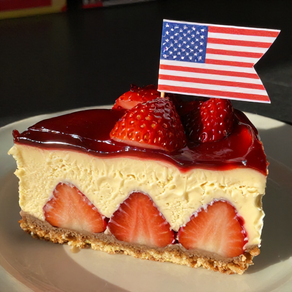 A beautifully layered no-bake strawberry cheesecake flag bar with a perfect slice