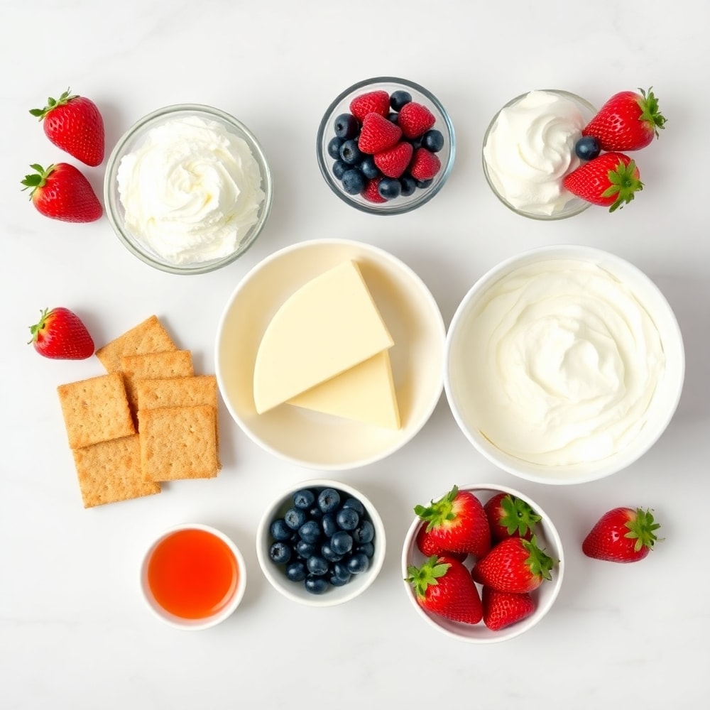 Graham crackers, butter, sugar, cream cheese, whipped topping, strawberry gelatin, fresh strawberries, blueberries, and a mixing bowl