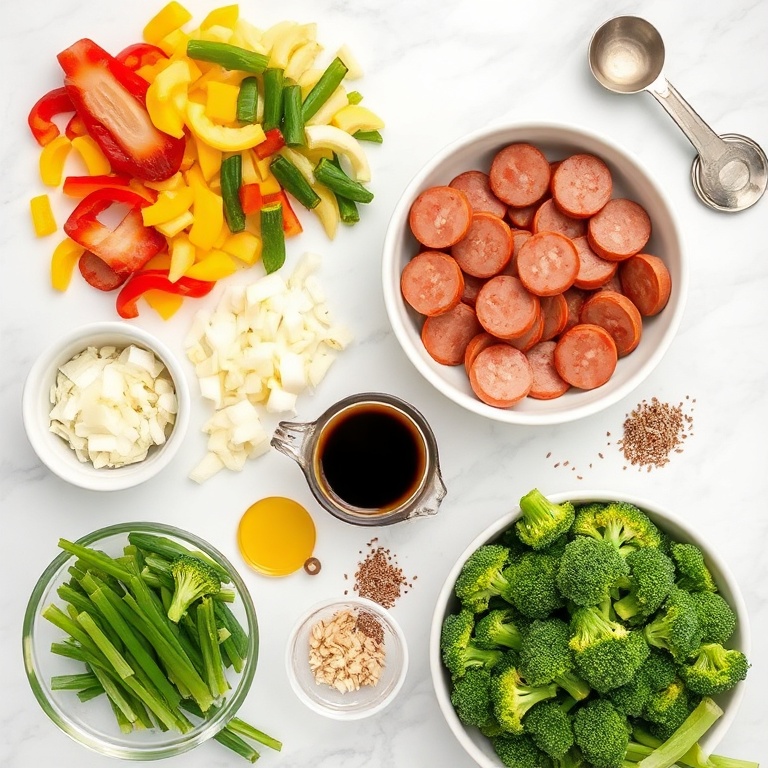 Raw Ingredients for One-Pan Honey Garlic Kielbasa and Veggies Dinner