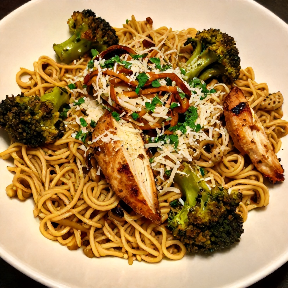 Plated one-pot chicken sausage orzo with tender-crisp broccoli