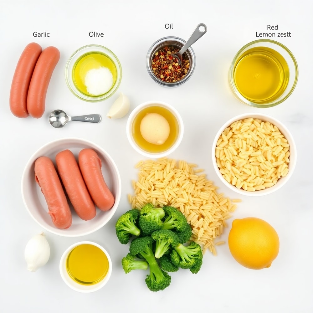 Raw ingredients for one-pot chicken sausage orzo with broccoli