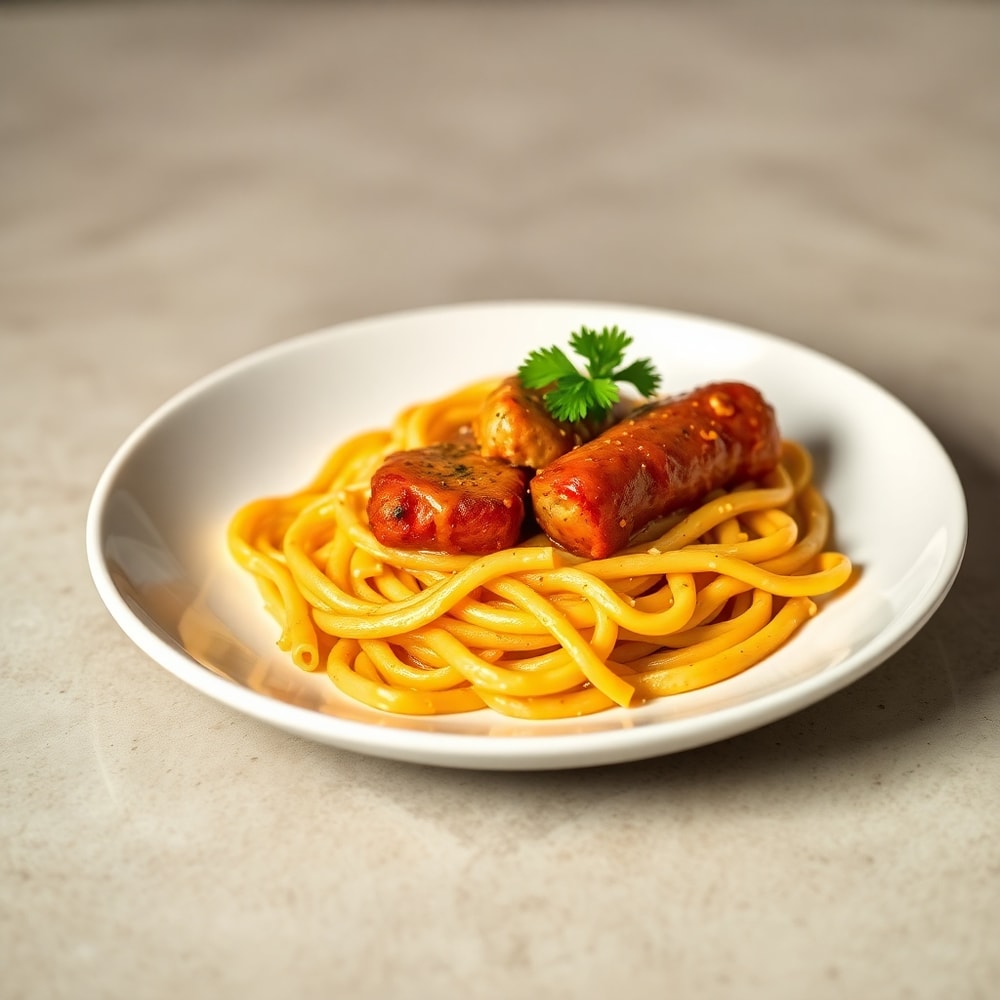 One perfect plated serving of One-Pot Honey BBQ Sausage Pasta on a white plate, showing creamy sauce and crispy sausage, garnished with fresh parsley, warm side lighting highlighting texture, photorealistic food photography