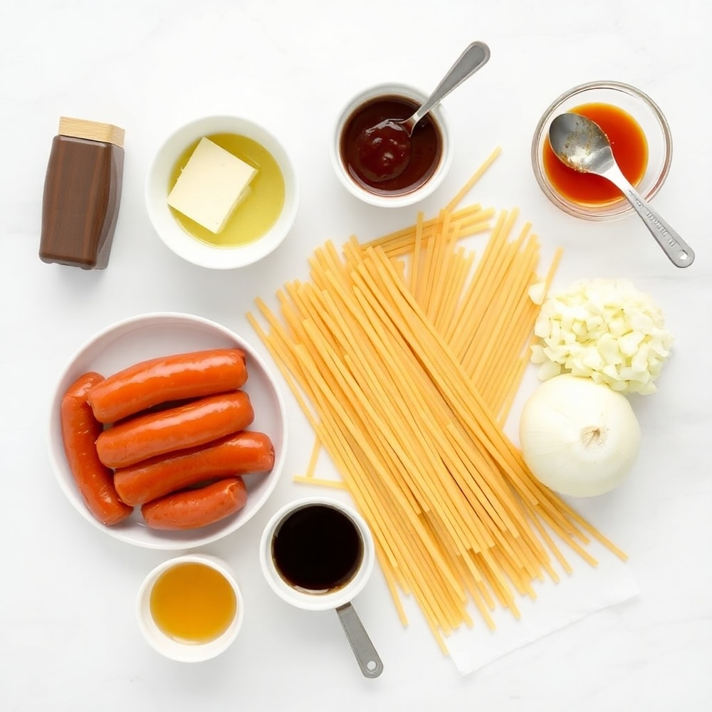 Overhead flat lay of raw ingredients for One-Pot Honey BBQ Sausage Pasta, including sausage, pasta, honey, BBQ sauce, garlic, and onions, small prep bowls and measuring spoons visible, white marble surface, bright even light, photorealistic overhead food photography