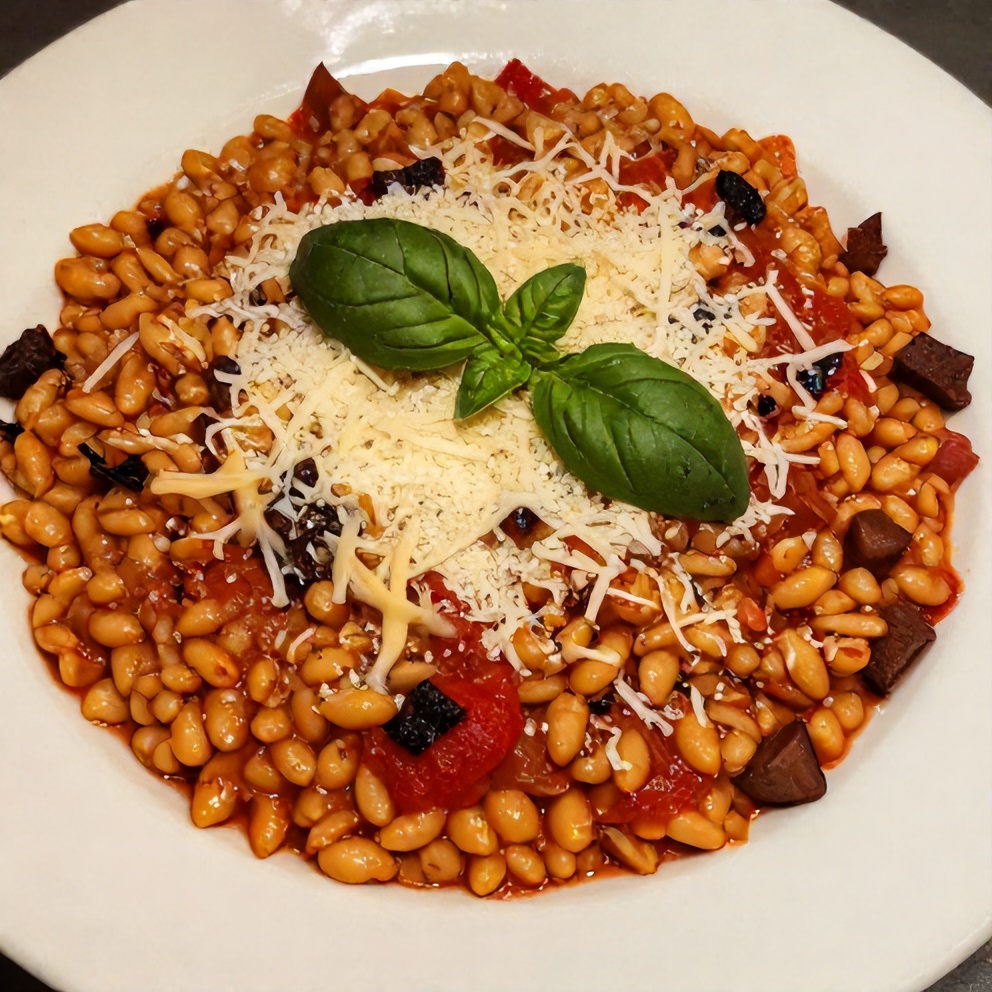 One-Pot Italian Sausage Orzo Bake plated with fresh basil and grated Parmesan