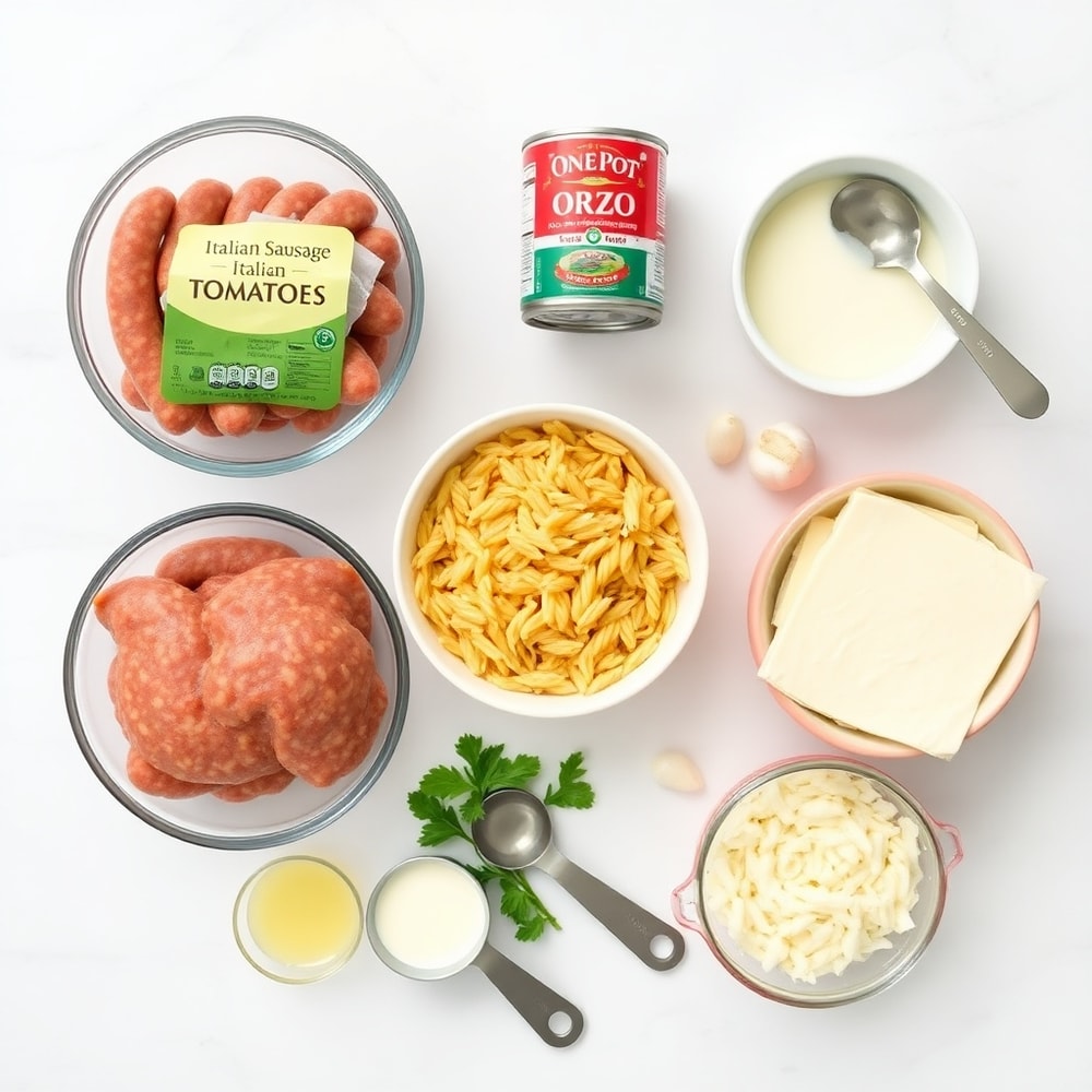 Raw ingredients for One-Pot Italian Sausage Orzo Bake including Italian sausage, orzo, canned tomatoes, and garlic