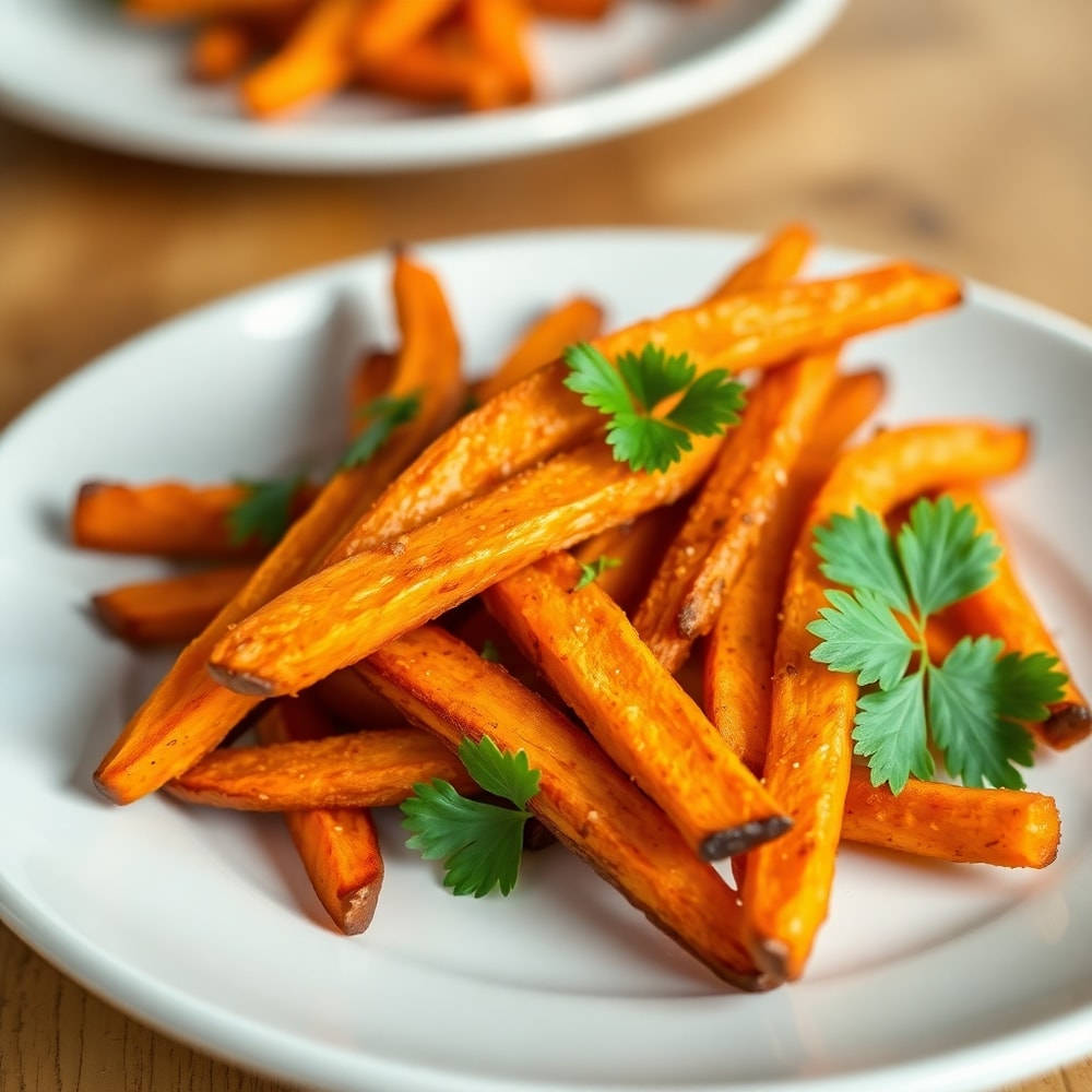 Plated crispy sweet potato fries