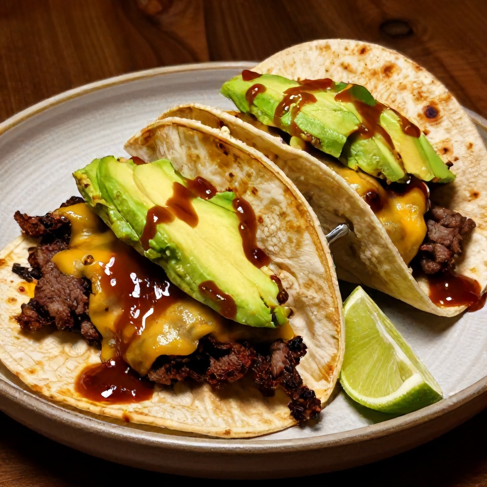 Plated western BBQ cowboy burger tacos with avocado and lime