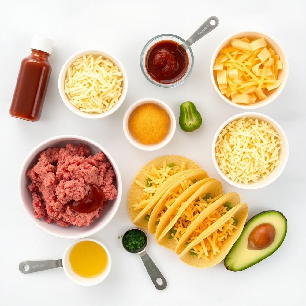Raw ingredients for western BBQ cowboy burger tacos on a wooden surface