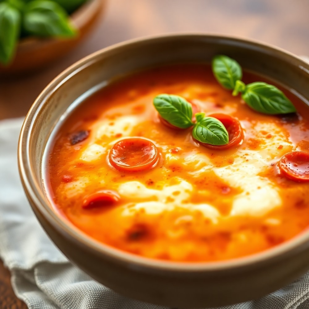 Bowl of creamy Paleo Pizza Soup garnished with fresh basil