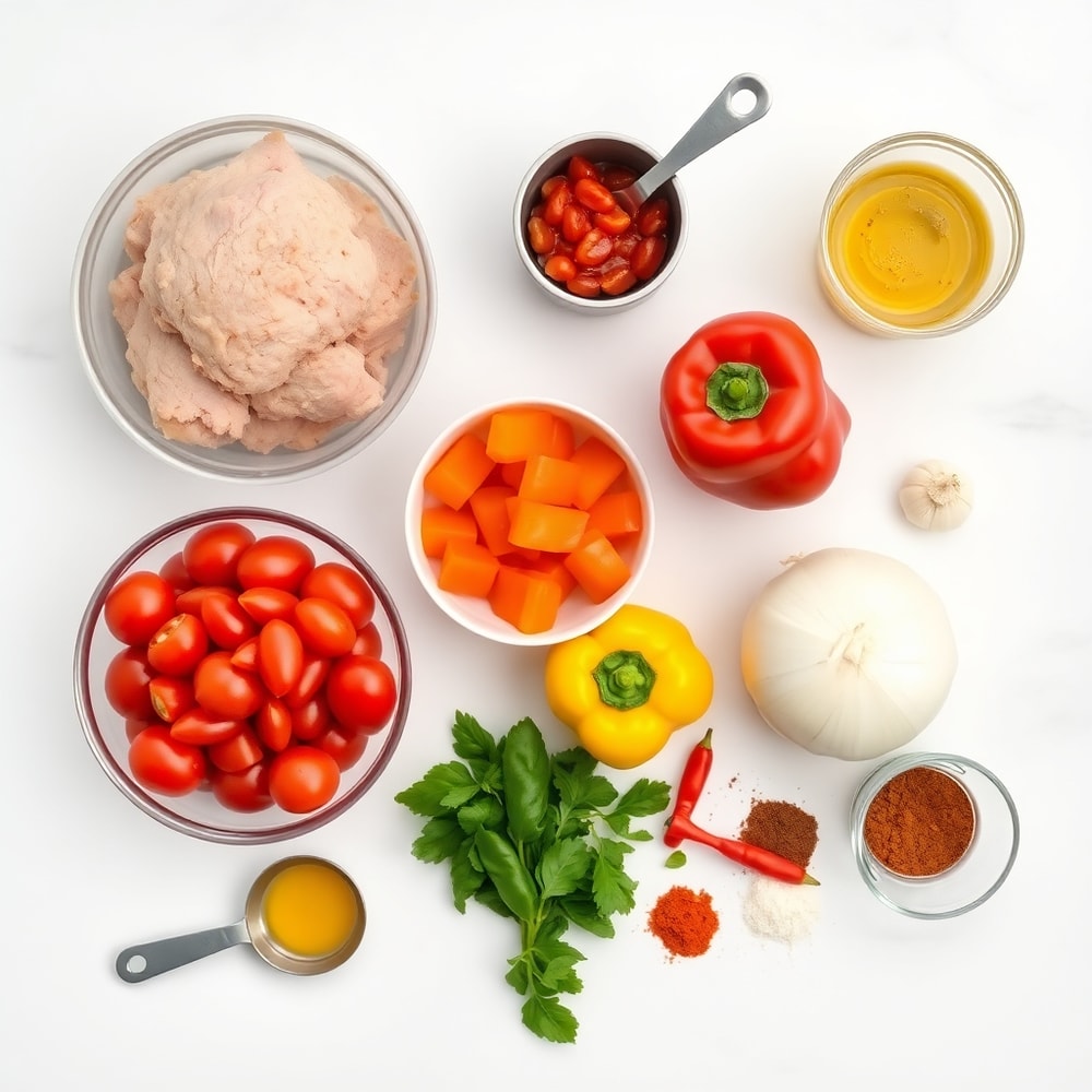 Raw ingredients for Paleo Pizza Soup: ground turkey, canned tomatoes, bell peppers, onion, garlic, pepperoni, and spices
