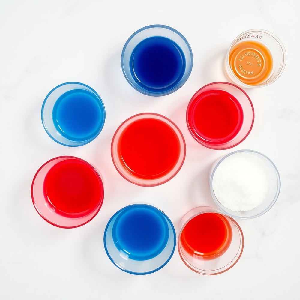 Red, white, and blue jello ingredients on a wooden table
