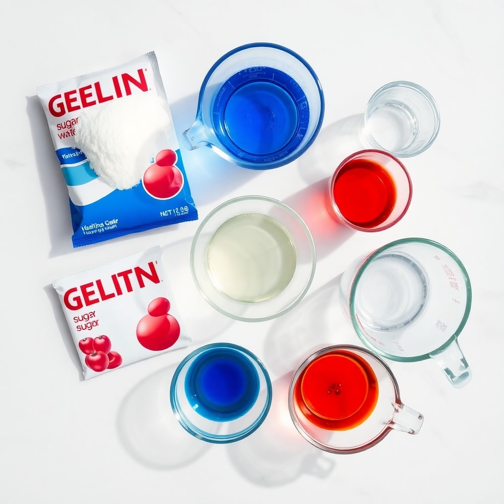 Raw ingredients for Patriotic Layered Jello Shots on a white marble surface