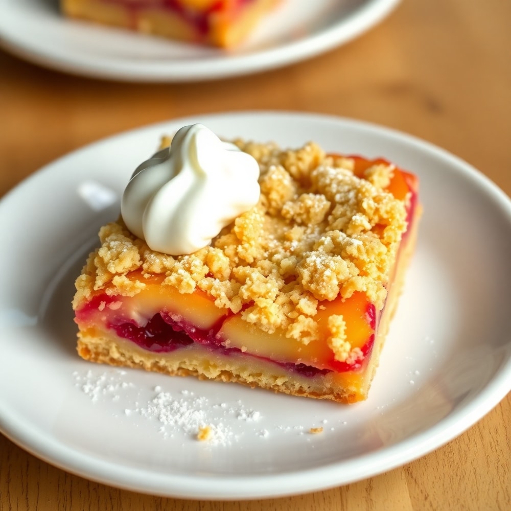 Plated Peach Raspberry Crumb Bars with whipped cream