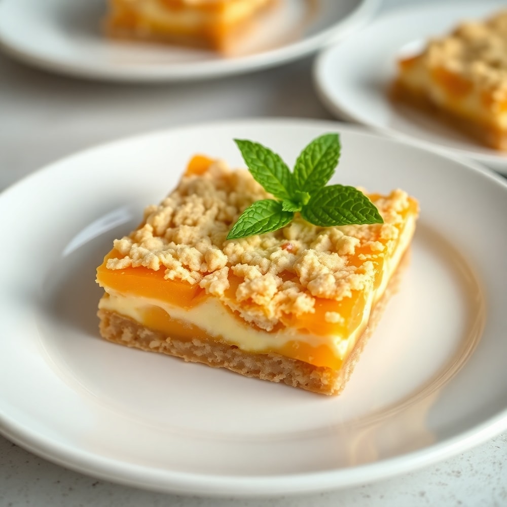 One perfect plated serving of Peaches and Cream Crumble Bars on a white plate, garnished with a mint leaf