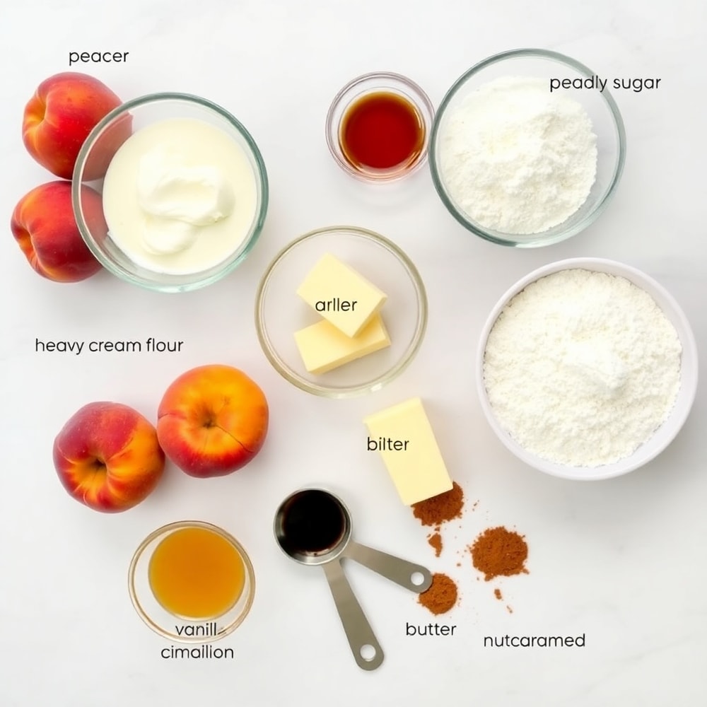 Overhead flat lay of raw ingredients for Peaches and Cream Crumble Bars, including peaches, cream, sugar, and butter