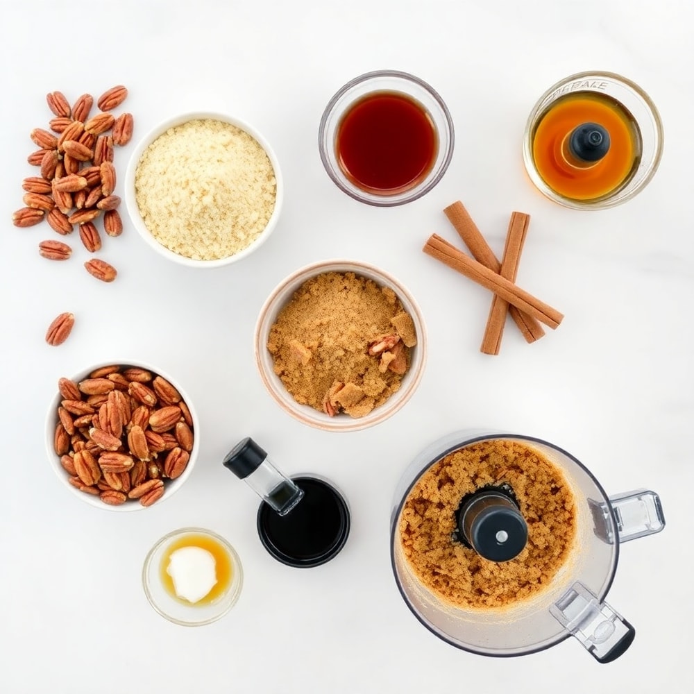 Raw ingredients for Pecan Crunch Glazed Bites on a white marble surface