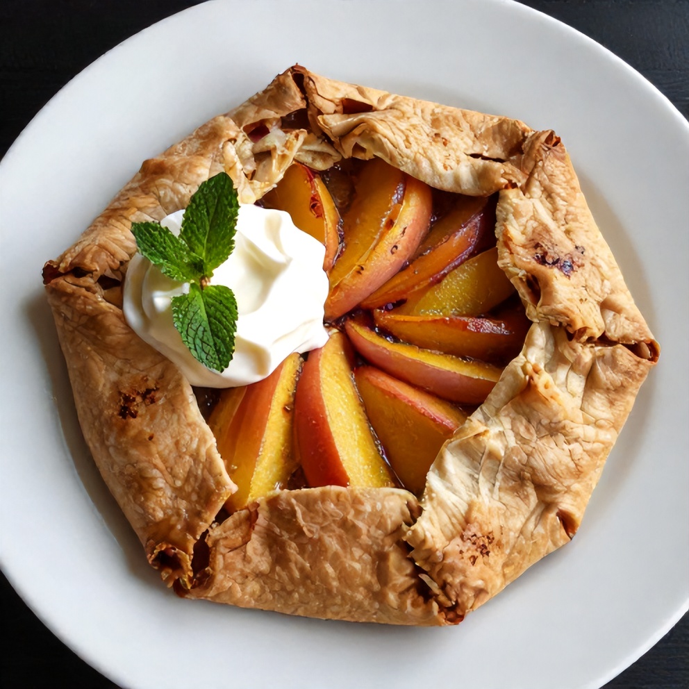 Sliced brown butter peach galette on a plate
