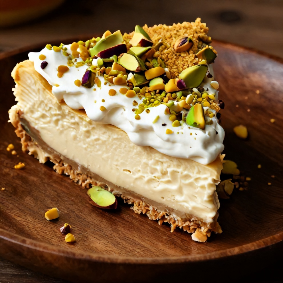 Sliced Pistachio Baklava Cheesecake on a plate with pistachio crumble