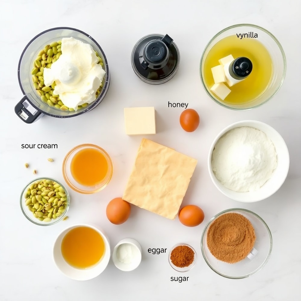 Raw ingredients for Pistachio Baklava Cheesecake including cream cheese, pistachios, and phyllo dough