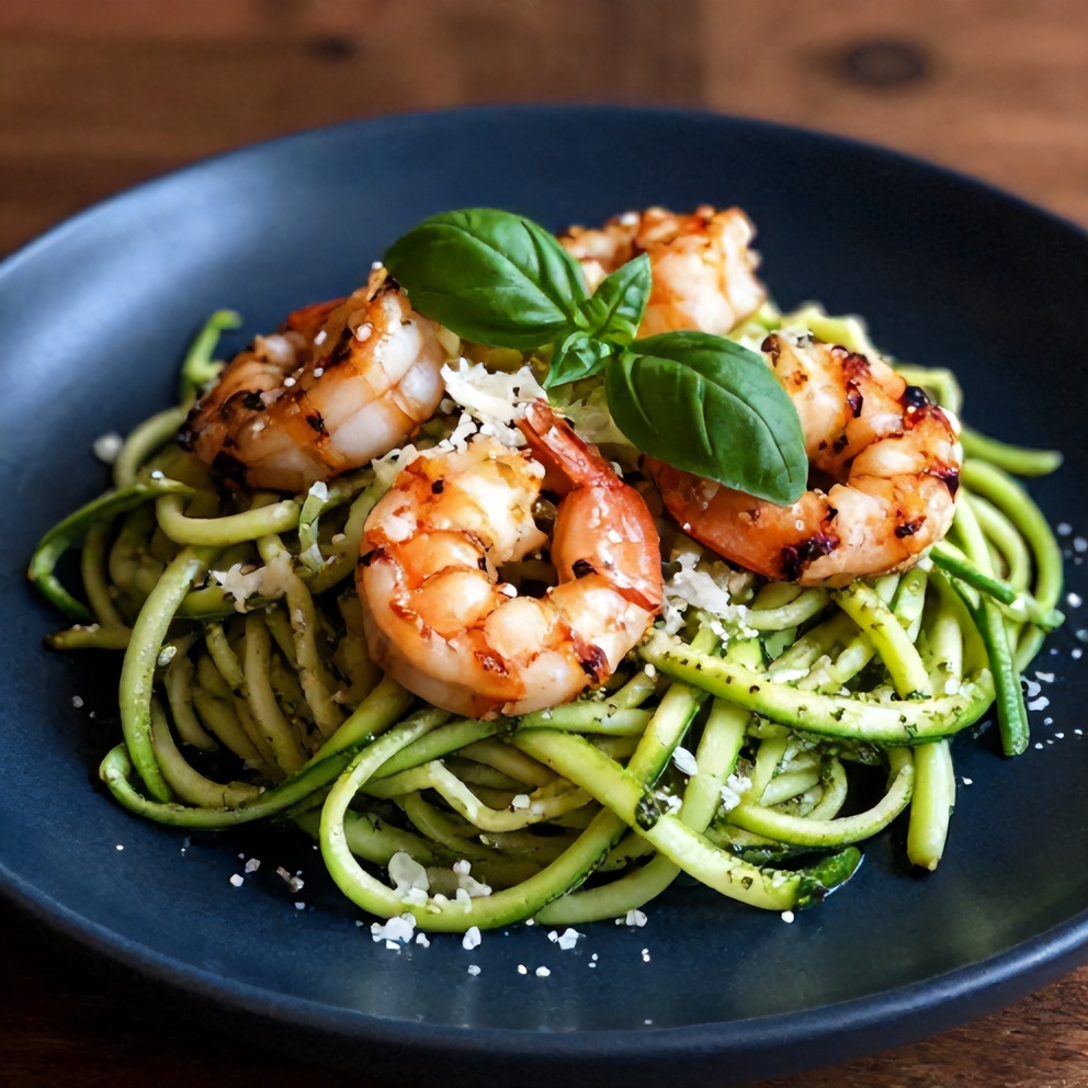 Plated zucchini noodles with pesto and grilled shrimp