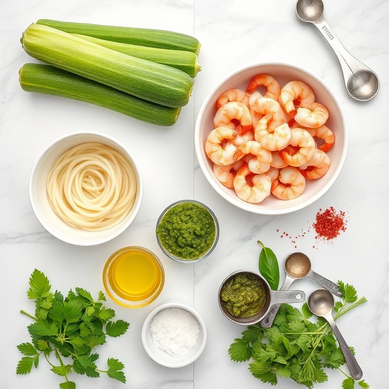 Raw ingredients for quick zucchini noodles with pesto and shrimp