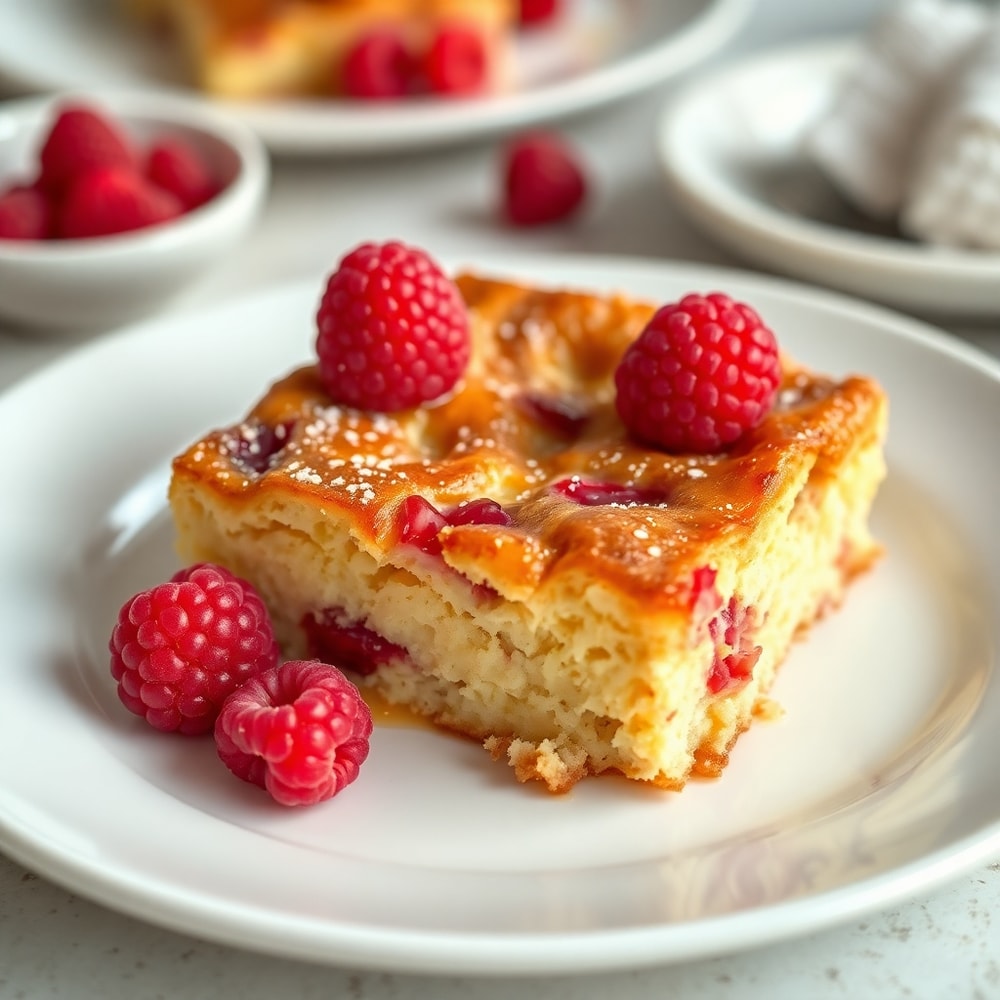 One perfect plated serving of Raspberry Cheesecake French Toast Casserole on a white plate, garnished with fresh raspberries.