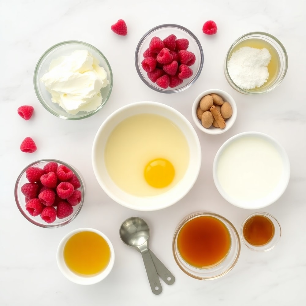 Overhead flat lay of raw ingredients: bread, cream cheese, eggs, milk, raspberries, sugar, vanilla, cinnamon, maple syrup. Prep bowls and measuring spoons visible on white marble surface.