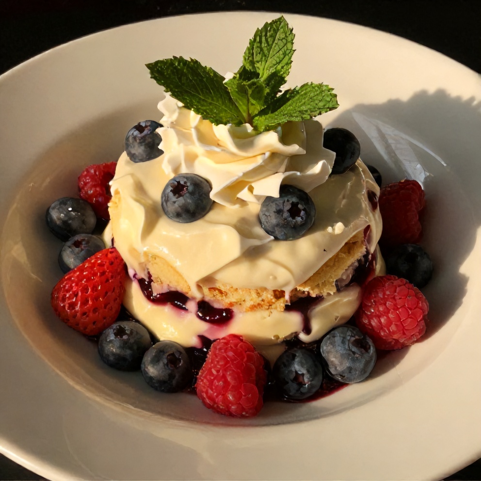 Perfectly plated red white blue berry trifle with fresh berries and mascarpone cream