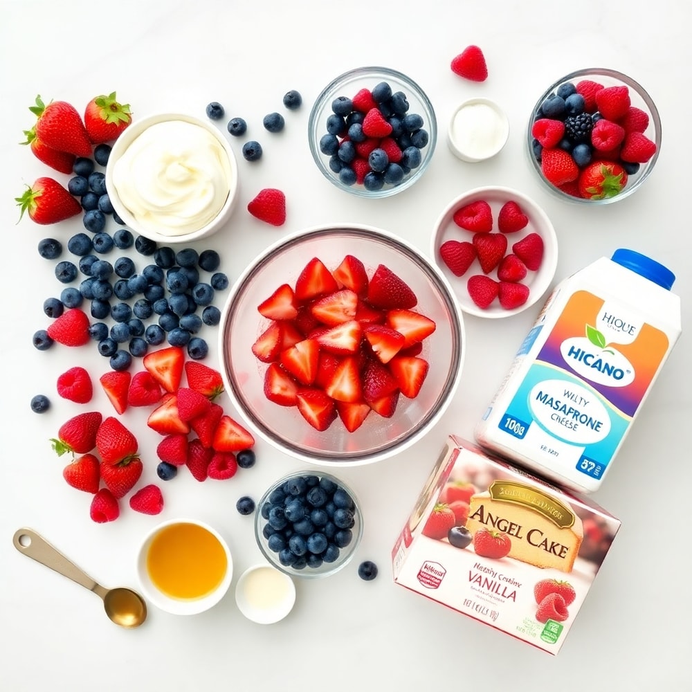Ingredients for red white blue berry trifle: blueberries, strawberries, raspberries, mascarpone cheese, heavy cream, sugar, vanilla extract, angel food cake