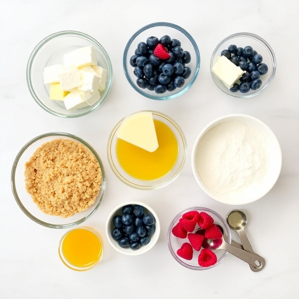Red White and Blueberry Cheesecake Bars ingredients on a marble counter