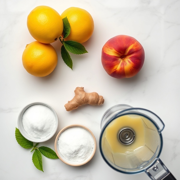 Peach, ginger, lemons, and other ingredients for Peach Ginger Lemonade