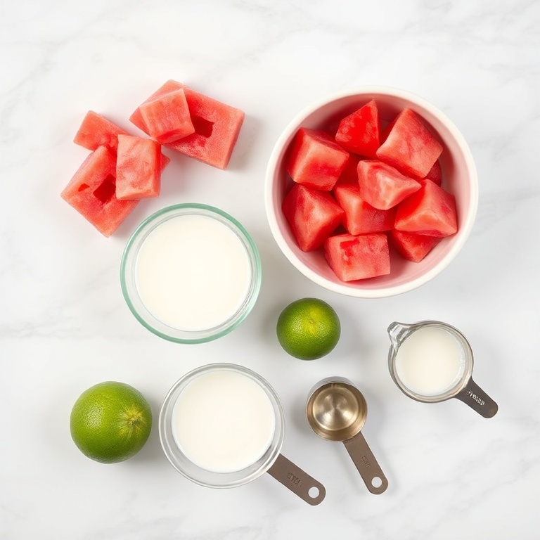 Watermelon, coconut milk, and lime on a marble surface