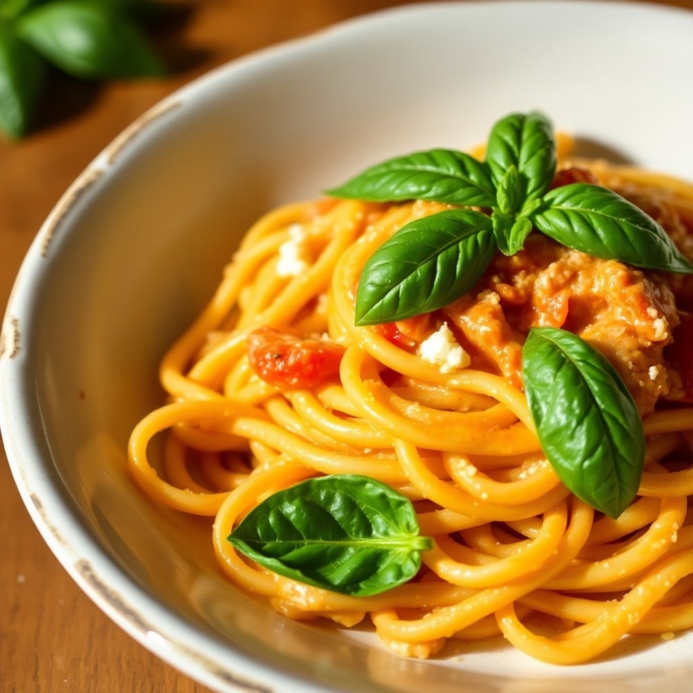 Plated Roasted Tomato and Garlic Ricotta Pasta