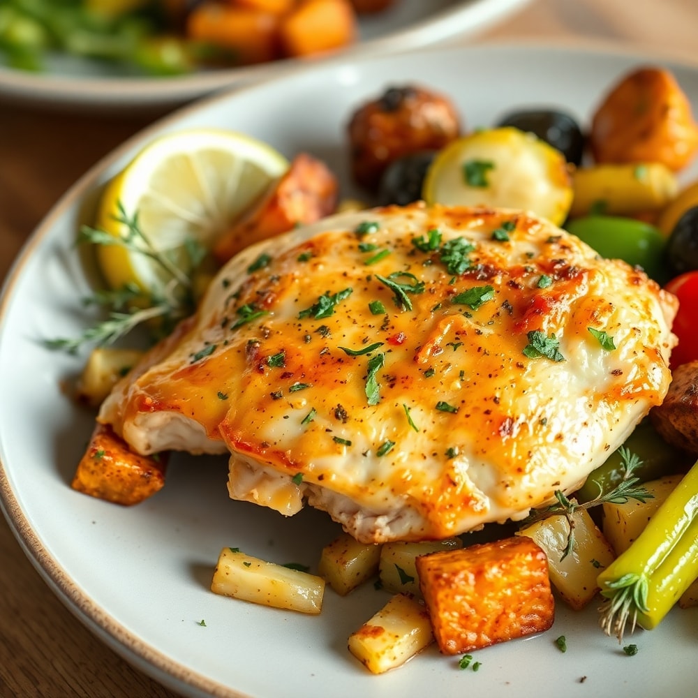 Plated lemon herb chicken and vegetables with fresh herbs